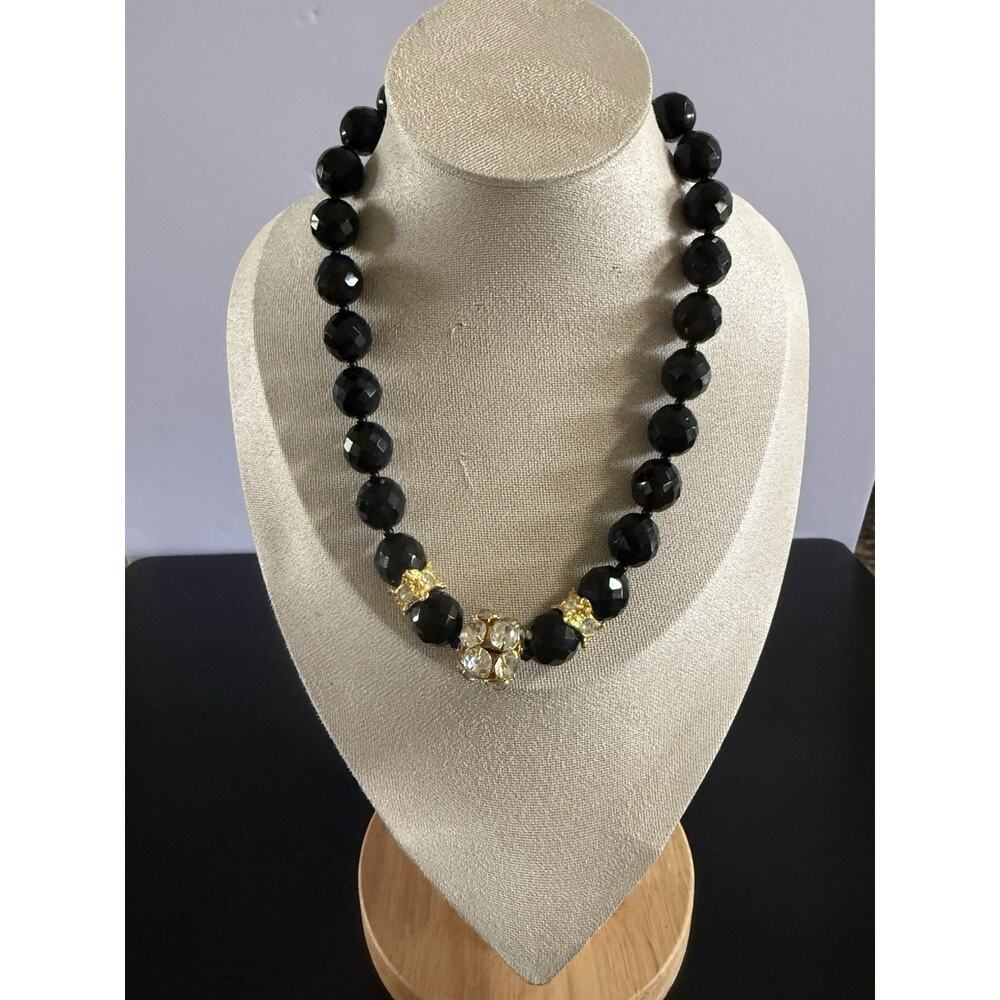 Faceted Jet Black Glass Ball Round Bead Gold Tone Rhinestone Disco Ball Necklace